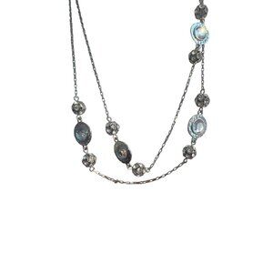 Loft Long Silver Tone Necklace Crystal Medallion Stations Rhinestone Ball Beads